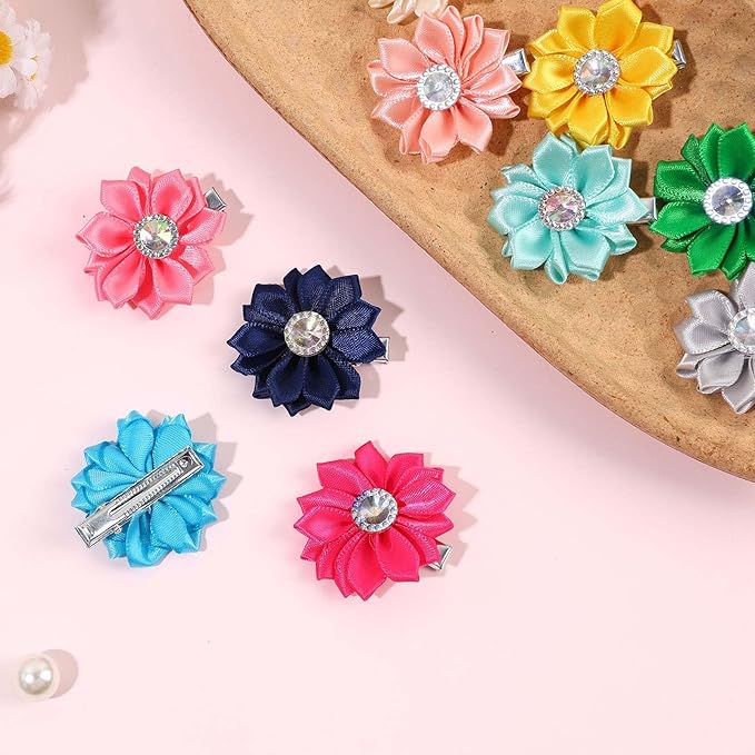 OAOLEER 40PCS 2” Flower Baby Hair Bows Clips, Mini Satin Floral Toddler Bows with Rhinestone Hair Accessories for Girls Toddlers Infants (40pcs Flower Bows-C)