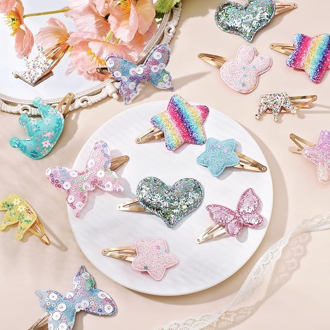 obeoby 24 Pack Toddler Hair Clips for Girls, Star Crown Butterfly Shaped Glitter Hair Barrettes Metal Snap Hair Clips Hair Accessories for Baby Girls Kids Holiday Birthday Gifts