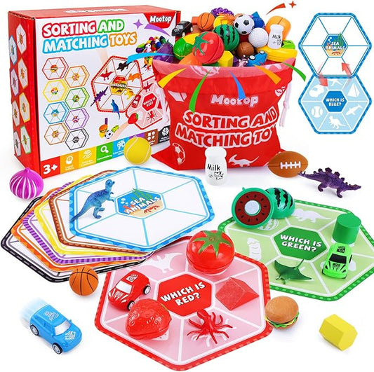 Sorting Toys for Toddlers, 48 Toys Sorting Matching Playset Sensory Toys for Kids, Match Card Sort Game Set with Storage Bag, Multiple Theme Box Preschool Educational Learning Fine Motor Skills Games