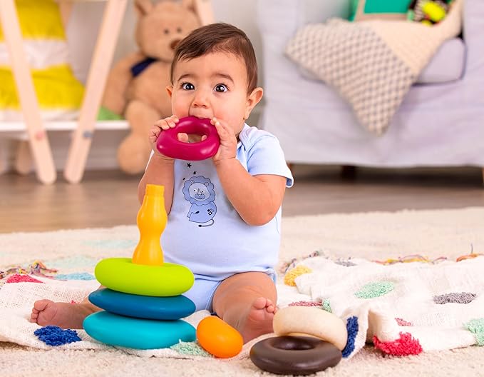 B. toys – Stacking Rings – Textured Ring Stacker for Babies – Early Development Toys – 100% Non – Toxic – Fun & Educational – Great for Dexterity & Cognitive Skills