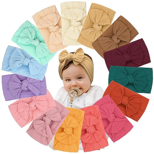 15PCS Baby Headbands Soft Stretchy Nylon Hairbands with Bows Girls Hair Accessories for Newborn Infant Toddler Kids Handmade