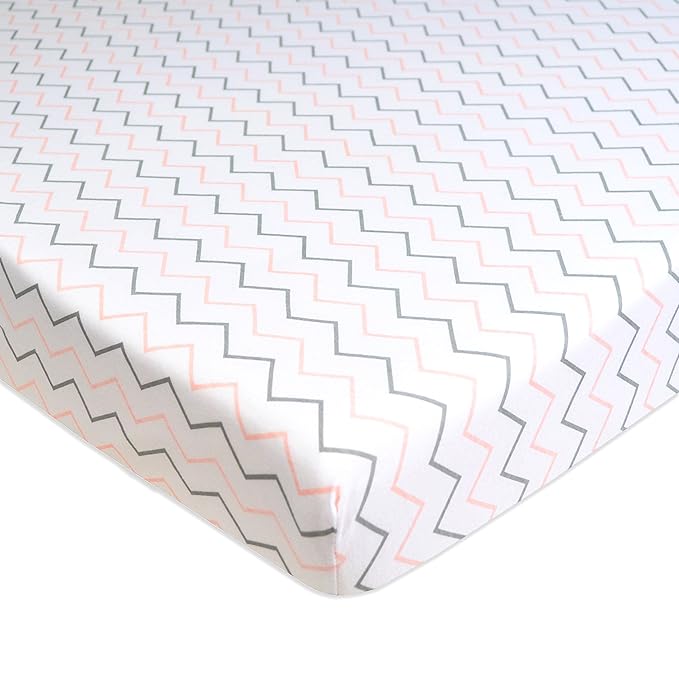 American Baby Company 2 Pack 100% Natural Cotton Fitted Pack and Play Sheets 39" x 27" - Soft & Breathable Pack N Play Sheets for Playard & Mini Crib Mattress, Pink Stars/Zigzag, for Boys & Girls
