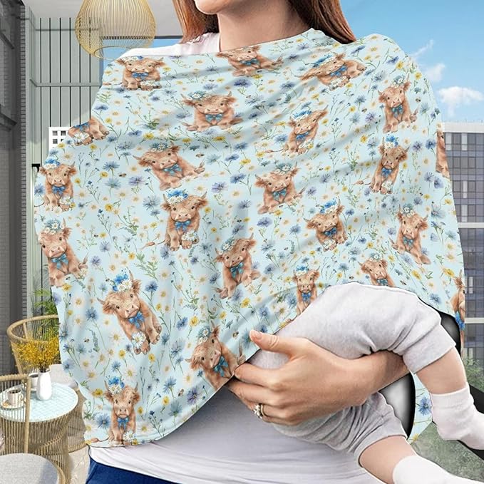 Binienty Blue Floral Baby Stuff Car Seat Covers, Highland Cow Print Multi Use Baby Nursing Scarf for Women Mom Multi-use Breastfeeding Carseat CanopyInfant Stroller Covers