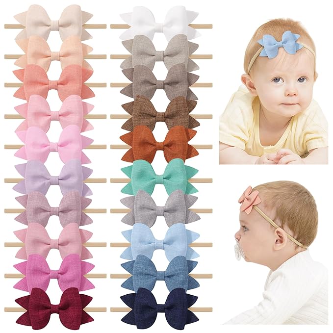 jollybows 3.35" 20pcs Baby Girls Bows Headbands Elastic Nylon Hairband Ribbon Bow Hair Accessories for Kids Toddlers Infants Newborn