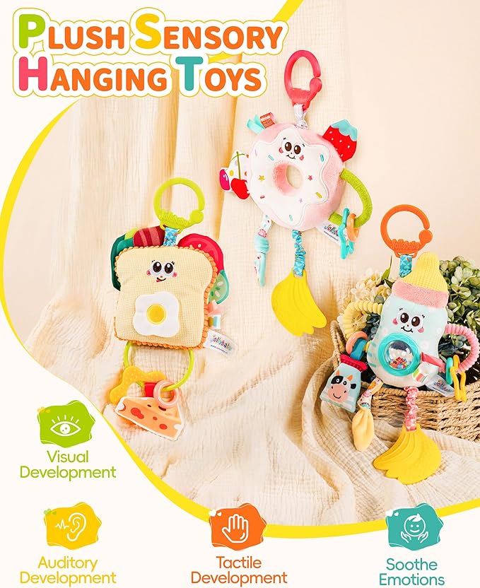 Jollybaby Baby Pull Vibration Toy - Tummy Time Sensory Hanging Toys for Car Seat, Stroller, Crib & Play Gym, with Babies Rattles & Teether, Airplane Travel Toys for Toddlers Gift- Toast