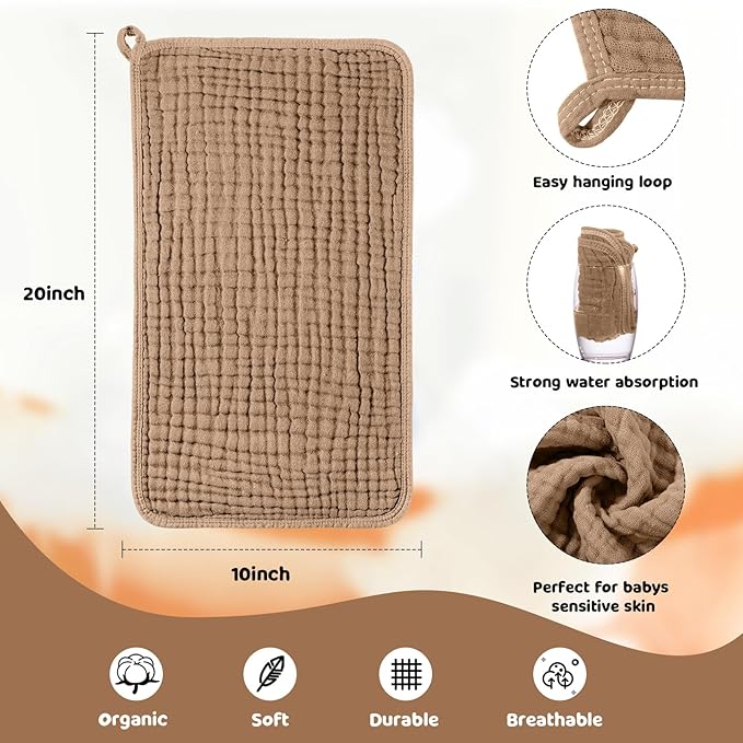 Tallew 8 Pack Muslin Burp Cloths and Baby Bibs for Boy Girl 20" x 10" Cotton Baby Bandana Drool Bibs Muslin Burp Cloths Absorbent Rag for Newborn Toddler Infant Gifts(Brown Series)