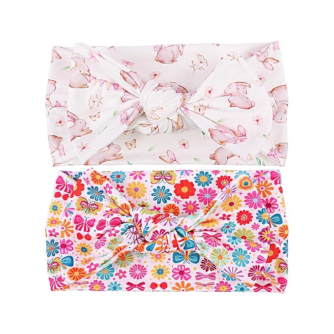 LemonSpace Handmade Bunny Print baby bows Cute Stretchy Hairbands for baby girls,Newborn,Toddler and Children(2 Print Rabbit flower) Colourful