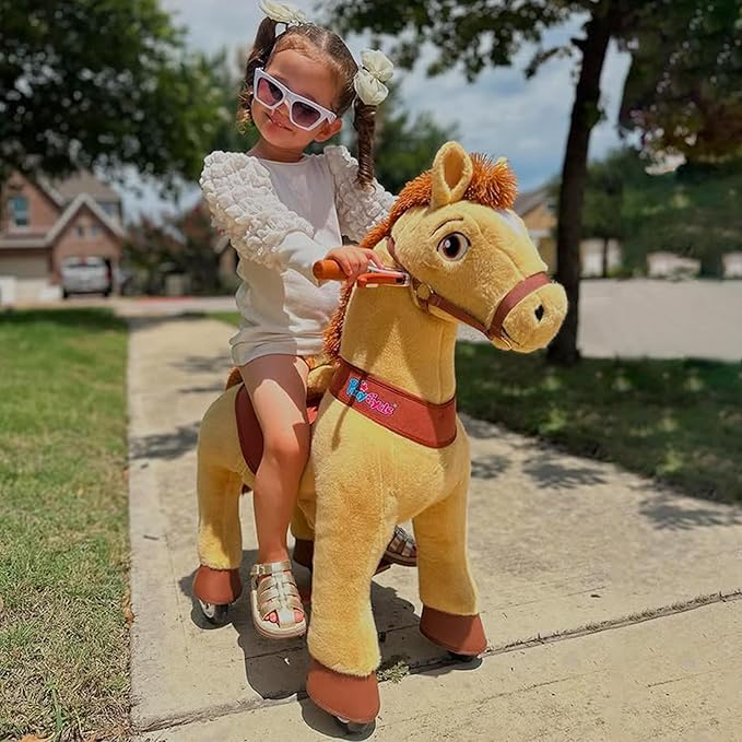 PonyCycle Kids Ride on Horse Toys Plush Interactive Riding Horse Ride for Toddlers 3-4 Walking Rocking Horse with Wheels, No Battery or Electricity, Giddy up Riding Toys Light Brown E336