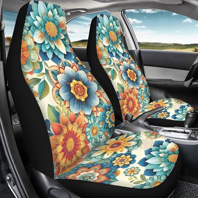 Hippie Flower Car Seat Covers 2 Pcs, Waterproof Universal Front Seat Protector, Easy to Install Automobile Interior Decorate Accessories Universal Fit for Car SUV Trucks