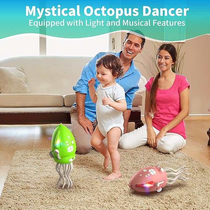 Interactive Dancing Octopus Toy,LED Light-Up Music Crawling Squid with Smart Obstacle Avoidance & Fishing Rod,Tummy Time Baby Toy,Musical Toy for 3 4 5 6 Year Old Boys and Girls(Fluorescent Green)