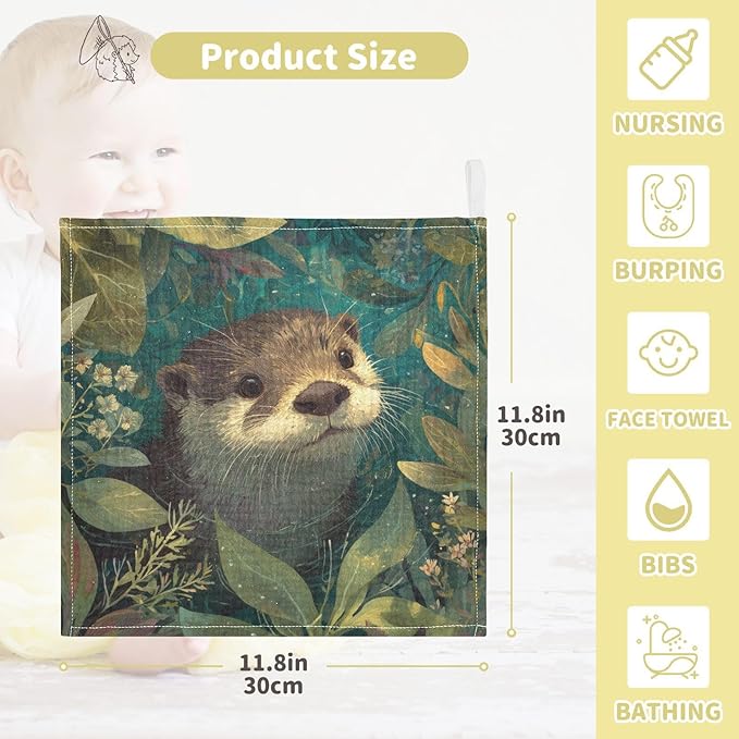 Otter Baby Washcloths Newborn Muslin Burp Cloths 3 Pack Soft Cotton Baby Face Bath Towel Drool Bibs for Infants, Girls and Boys 11.8 x 11.8 Inch