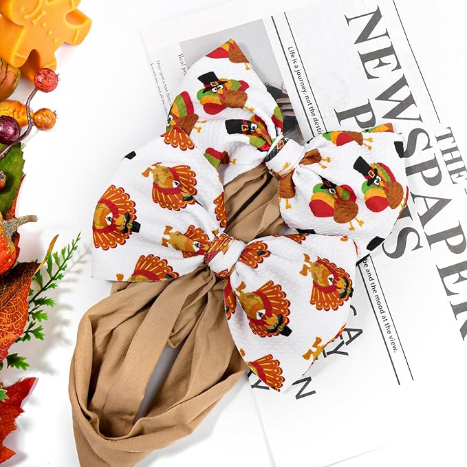 Thanksgiving Fall Baby Girl Bows Turkey Headbands for Baby Girls Waffle Knotted Bows Handmade Infant Headbands 2PCS Autumn Holiday Gifts