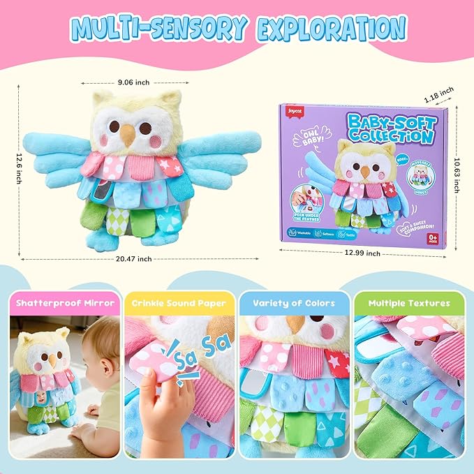 JoyCat Sensory Owl Baby Toy for 0-12 Months, 13''Soft Tummy Time Infant Toy with Multi-Textured Crinkle Feathers, Baby Mirror, Stuffed Animal Plush Montessori Easter Gifts for Newborn Boys and Girls