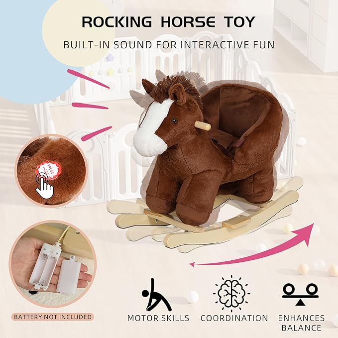 Pony Baby Rocking Horse for Toddlers 1 Years to 3 Years, Stuffed Plush Ride-on Rocking Animal with Realistic Sound and Music, Wooden Rocking Toy with Seat, Brown Horse, CPC Certified