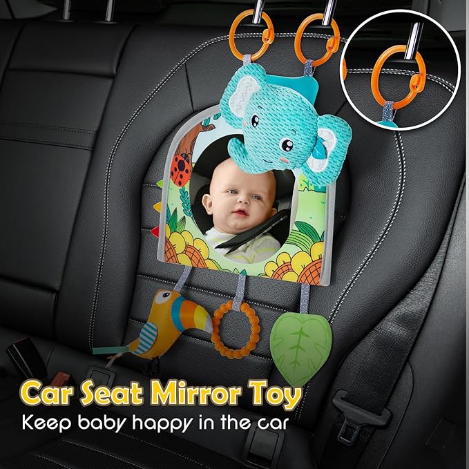 Lynncare Car Seat Toy, Baby Car Mirror for Rear Facing, Travel Baby Activity Center with Hanging Engaging Toys for Infants Babies 0-6-12-18 Months Boy Girl