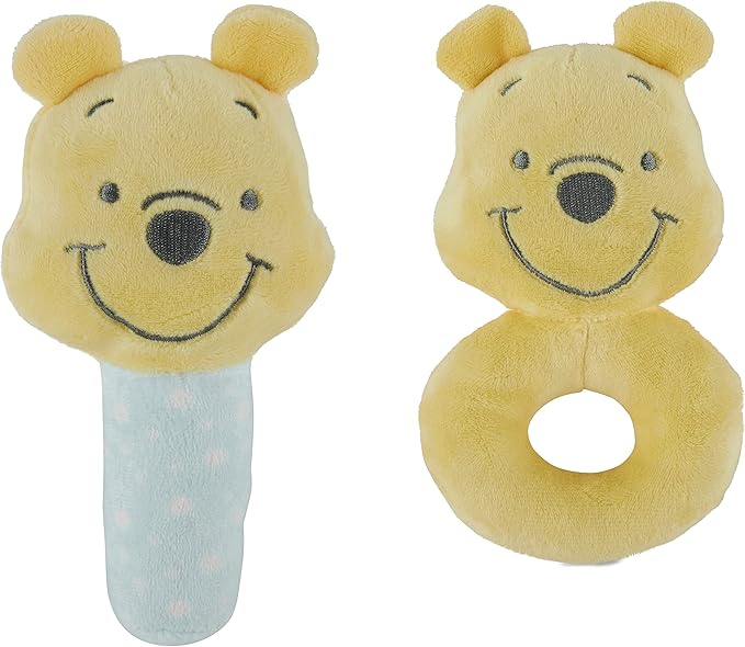 Disney Winnie The Pooh Assorted Plush Lovie Rattle Set Pack of 2 - Soft and Cuddly Plush Material, Built-in Rattle for Sensory Stimulation,Vibrant Colors and Intricate Details