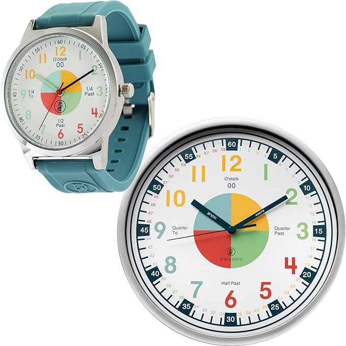 OWLCONIC Telling Time Teaching Clock - Bundled with Kids Watch. Learn to Tell Time Resources. Teal