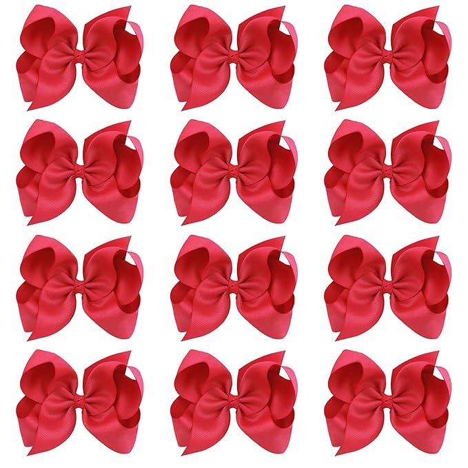 Oaoleer Big Hair Bows for Girls 12 PCS 6" Red Grosgrain Ribbon Large Boutique Bow Alligator Clips Hair Accessories for Toddlers Little Girls Kids