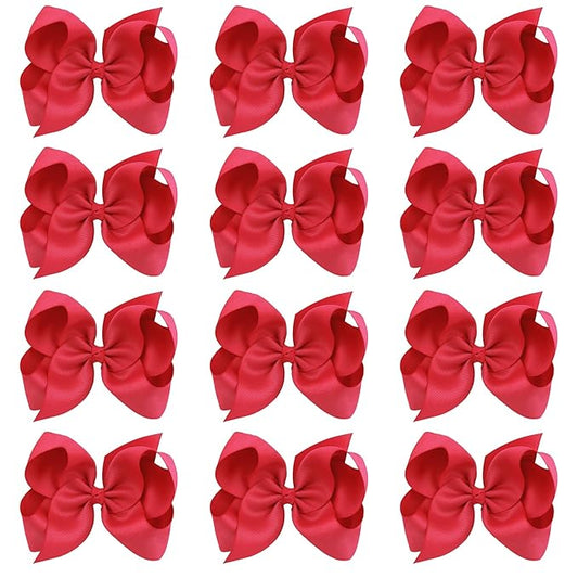 Oaoleer Big Hair Bows for Girls 12 PCS 6" Red Grosgrain Ribbon Large Boutique Bow Alligator Clips Hair Accessories for Toddlers Little Girls Kids