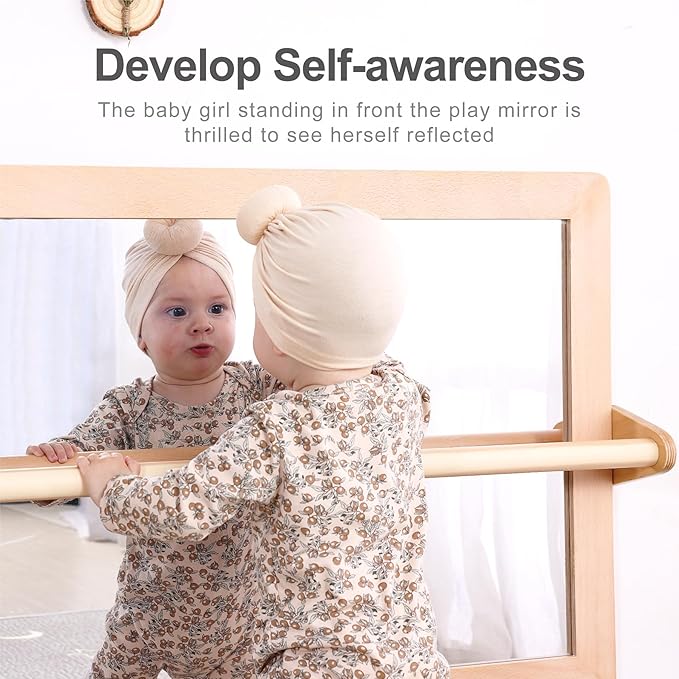 3-Position Montessori Shatterproof Safety Baby Mirror w/Pull Up Handrail, Infant Coordination Mirror Set, Kid's Classroom Furniture for Nursery, Daycare, Homeschool or Preschool (Natural Pura)