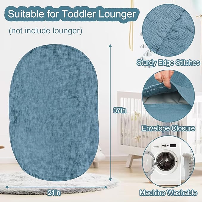 Hooyax Muslin Lounger Cover, Organic Cotton Removable Slipcover for Toddler & Infant, Padded Floor Seat Cover for Boys & Girls, Large Size 37 x 21 Inch, Blue