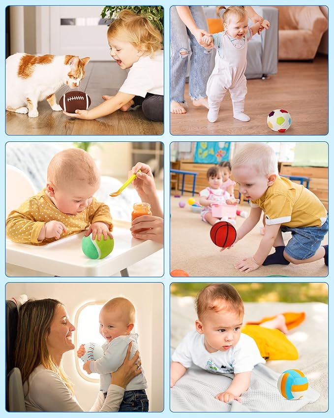 Vanmor Sensory Sports Balls for Babies 6-12M+, 6 Pack Machine Washable Plush Ball Set with Crinkle, Rattles, Squeaky Sounds, Toddler Learning Toys with Travel Bag, Baby Shower Birthday for Newborn