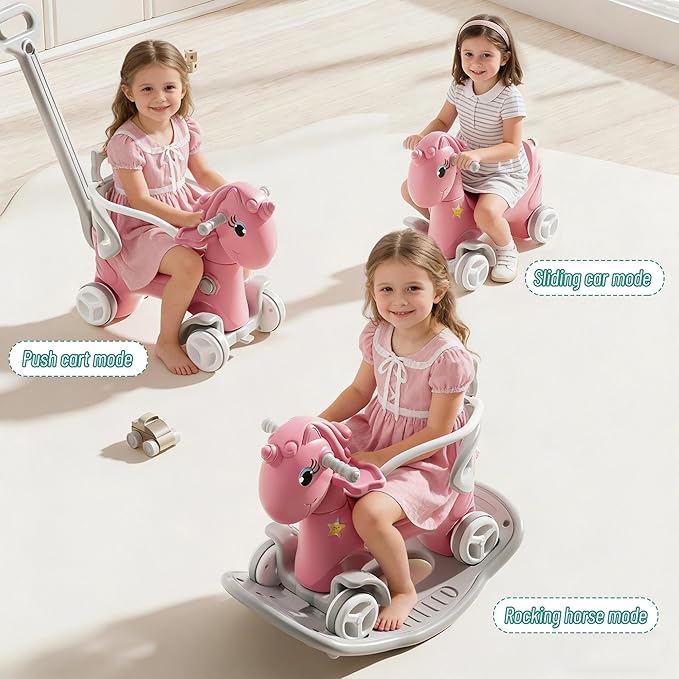 Rocking Horse for Toddlers 1-3 Years,4 in 1 Design, Kids Ride on Toy Balance Bike Push Cart with Detachable Balance Board,Fun Birthday Gifts-Pink