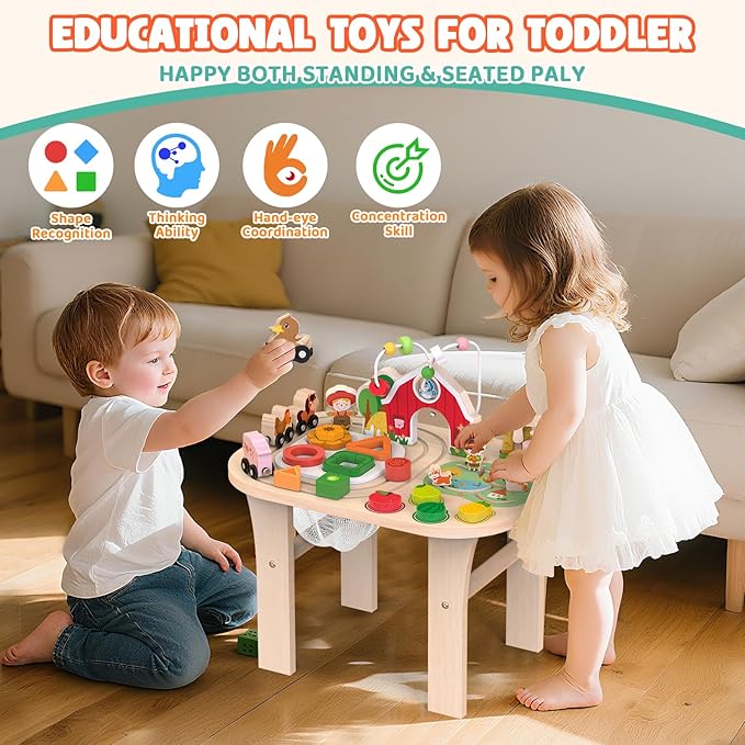 Weilim Montessori Activity Table for 1 Year Old — Wooden Sensory Table Baby Activity Center with Bead Maze, Shape Sorter, Train Track, Farm Toddler Toy, Educational Standing Play Toys, Kids 12+ Months
