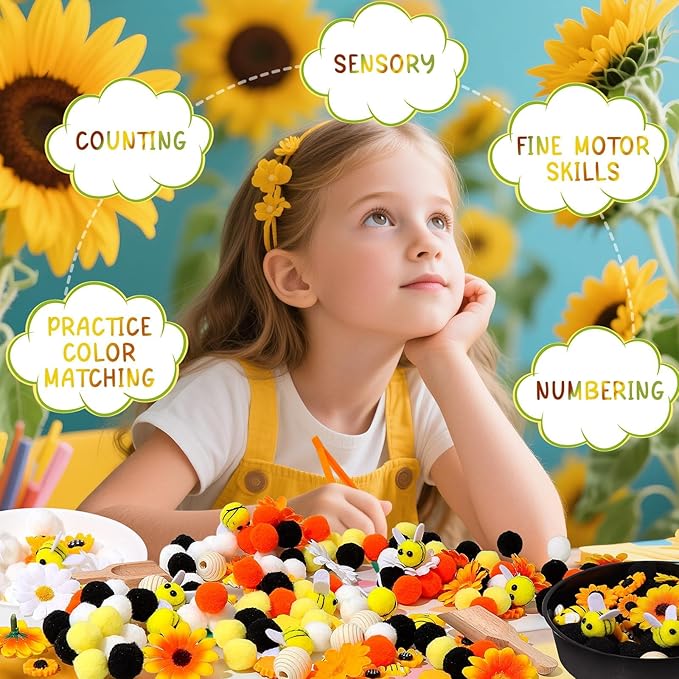 172 Pcs Sunflower Sensory Bin Filler Spring Summer Bee Honeycomb Counting Sorting Sensory Bin Items Fine Motor Sunflower Counts for Easter Day Spring Summer Sorting Counting Decor
