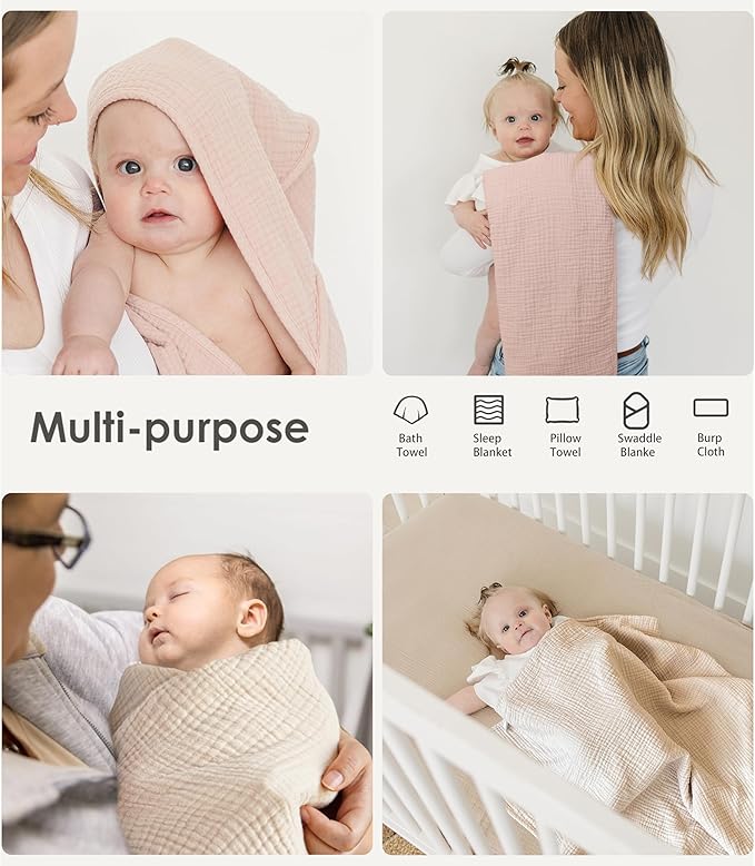 MairMore Hooded Baby Bath Towels, 100% Muslin Cotton Baby Girl Towels with Hood for Neutral Newborn Infants, Soft & Absorbent, Large Size - 32 * 32 Inches (Ivory & Pink)
