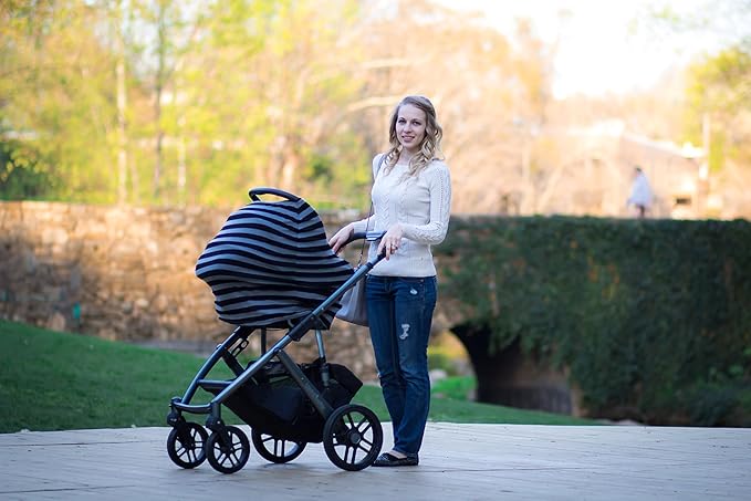 JLIKA Baby Car Seat Covers - Stretchy Infant Canopy and Nursing Cover for Breastfeeding Newborns Infants Babies Girls Boys Best Shower Gift Maternity Apron Infinity Scarf carseats (Black/Gray Stripe)