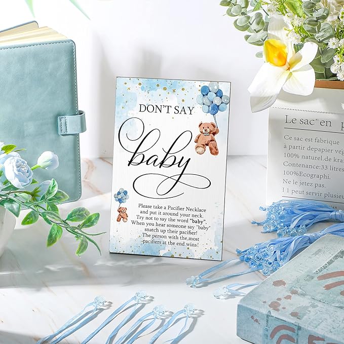 Wesiti 51 Pcs Cool Baby Shower Game Wooden Sign Gift Sets 50 Baby Shower Pacifiers Necklace Acrylic Pacifier for Gender Reveal Party Favor(Bear,Blue)