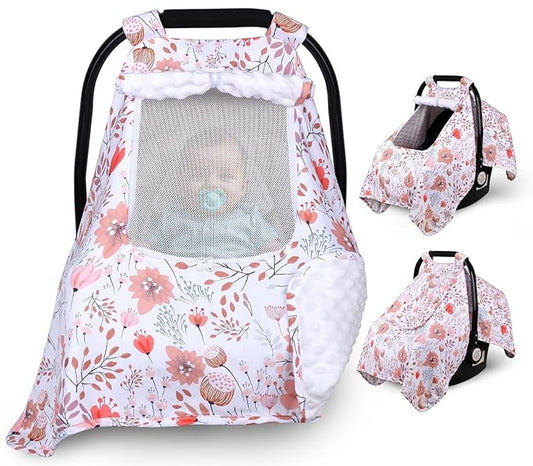 Car Seat Cover Baby, Carseat Covers Baby with 2 Layers Breathable Zipper Windows, Windproof Infant Car Seat Cover, Kick-Proof Baby Carrier Cover for Baby Girl Newborn Essentials