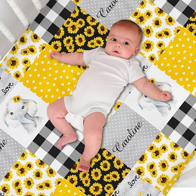 Personalized Pack and Play Sheets with Name, Custom Name Baby Mini Crib Sheets for Baby Boys Girls, Name Pack n Play, Fitted Sheet with Name, Soft and Breathable Material (Sunflower Elephant)