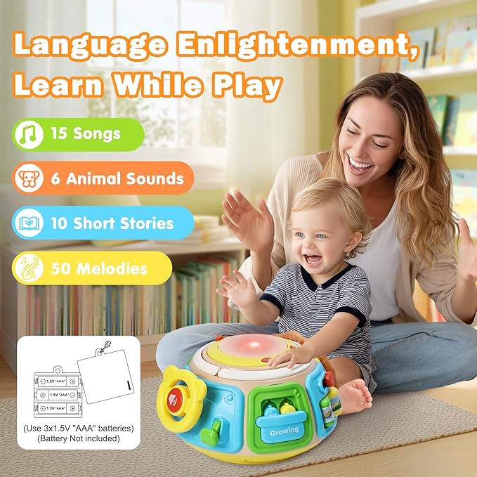 7-in-1 Activity Cube Drum Montessori Toys for Baby 18+ Months, Busy Toys for Toddlers with 9 Sensory Shape Blocks, Music & Light Educational Toys Christmas Birthday Gifts for Kids Boys Girls