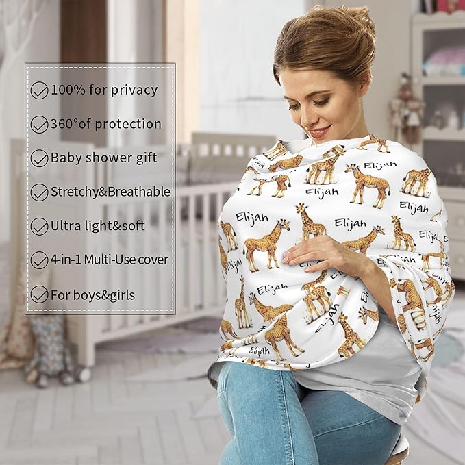Personalized Giraffe Baby Car Seat Cover with Name,Multi-Use Canopy for Nursing, Strollers,Shopping Carts,Customized Breastfeeding Cover, Full Privacy,Infant Stroller Cover
