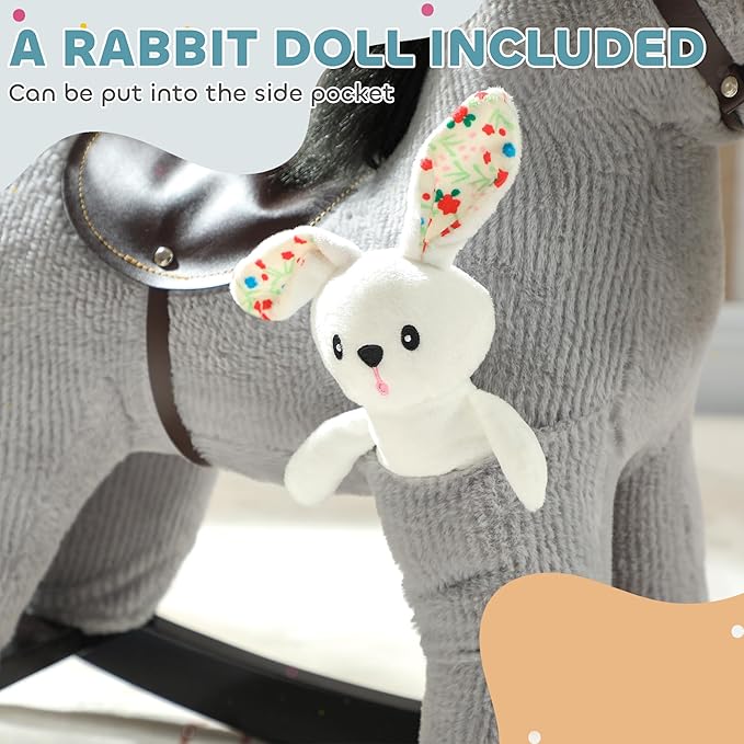 Qaba Rocking Horse, Kids Plush Animal Rocker with Realistic Neighing Sound for Toddlers 2–5 Years Old, Soft Filling Ride on Horse with Rabbit Toy, Gray