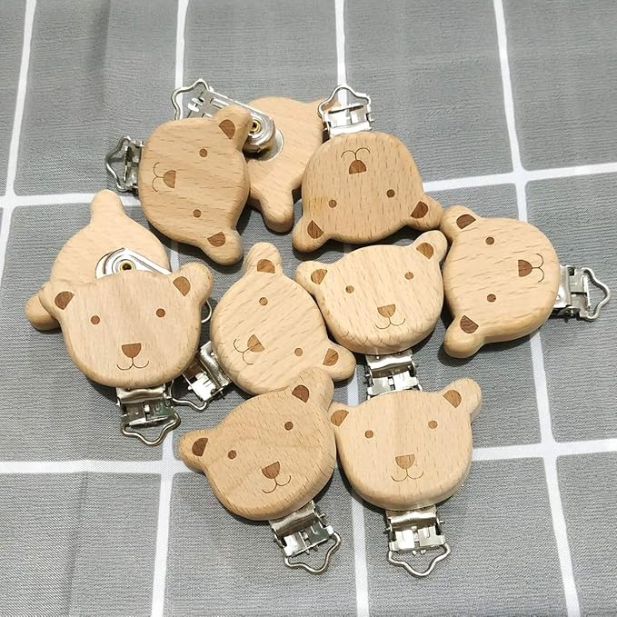 5pcs Natural Beech Wood Animal Pacifier Clips Grasping Toy Suspender Chain Clips Charm Antique DIY Beading Accessory (Bear)