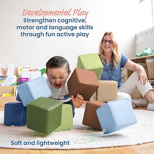 ECR4Kids SoftZone Patchwork Toddler Blocks, Foam Cubes, Earthtone, 12-Piece