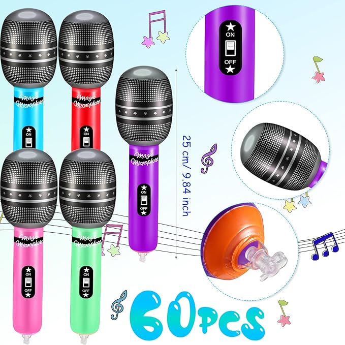 60 Pieces Inflatable Microphones Large Blow up Microphone Assorted Colors Inflatable Microphone Pretend Microphone Inflates Plastic Toy Props for Christmas Birthday Musical Concert Party Supplies