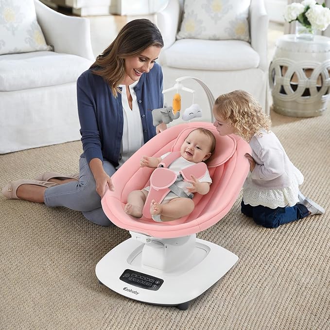 Ezebaby Electric Baby Swing for Infants with 5 Unique Motions, 5 Speeds, Lullabies, Bluetooth Enabled, Smart Baby Swings for Newborn with 5-Point Harness & Remote Control for 0-9 Months, Pink
