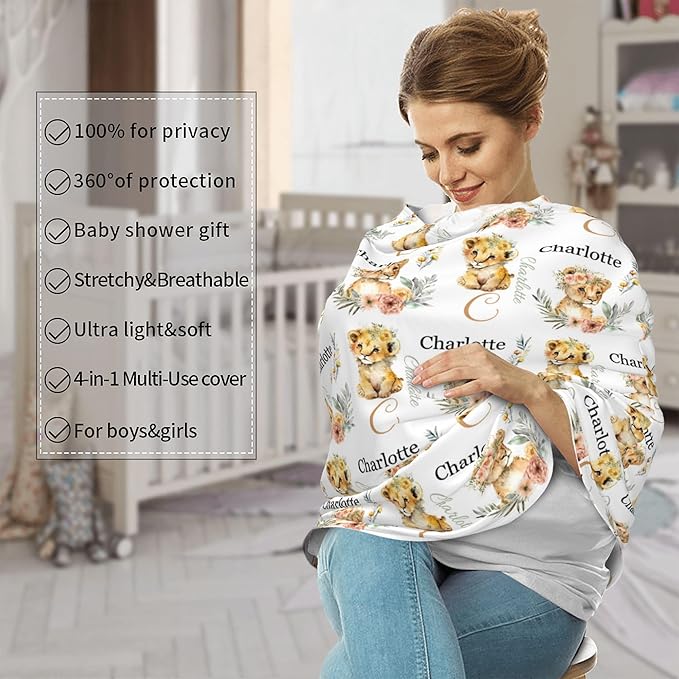 Personalized Lion Baby Car Seat Cover with Name,Multi-Use Canopy for Nursing, Strollers,Shopping Carts,Customized Breastfeeding Cover, Full Privacy,Infant Stroller Cover