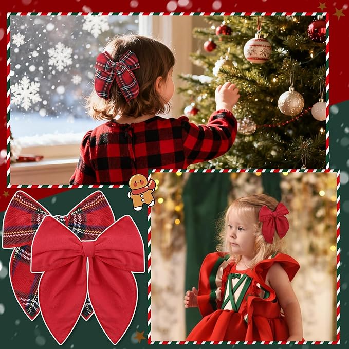 Large Christmas Hair Bows, 4 Pcs Red Green Plaid Fable Hair Bows Cotton Christmas Hair Accessories for Girls Toddler Kids