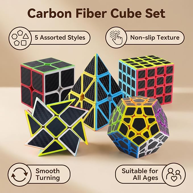 Speed Cube Set, Speed Cube Bundle of 2x2 4x4 Megaminx Pyramid Cube and Windmill Cube Smoothly Carbon Fiber Sticker Magic Cubes Collection for Kids & Adults [5 Pack]