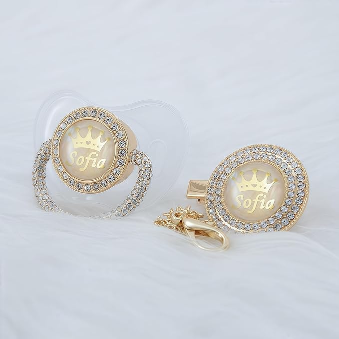 Personalized Name Anniversary All Bling Pacifier and Clip Set Gold Plated New Born Gift Photography No for Daily Use (Transparent)