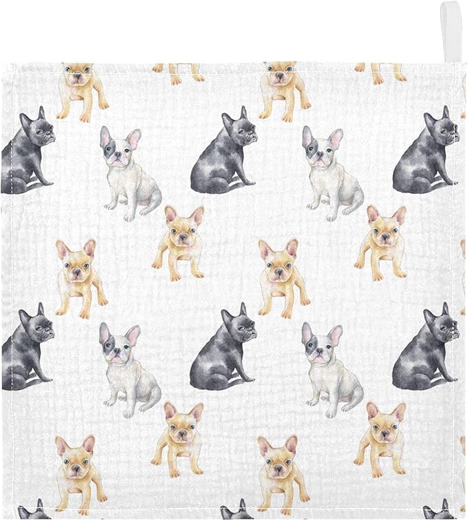 Baby Washcloths Cotton Pets French Bulldog Baby Muslin Washcloths Soft Baby Face Towel for Newborn Infants Baby Wipes, 11.8 X 11.8 Inch, 3 Pack
