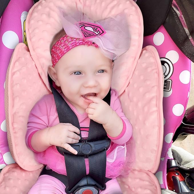 2-in-1 Baby Carseat Head Support, Infant Car Seat Insert for Girls Boys, Soft Babies Neck Support and Body Cushion for Stroller, Baby Swing, Bouncer (Pink)