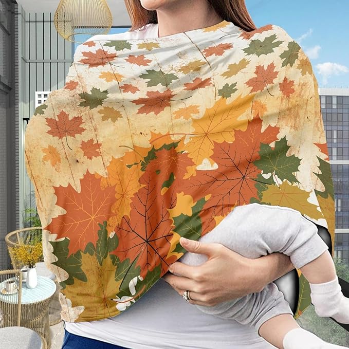 Coldinair Maple Leaf on Brown Board Print Nursing Cover for Breastfeeding Breathable and Soft Privacy Nursing Covers for Mother Car Seat Canopy Covers - Vintage Thanksgiving Day
