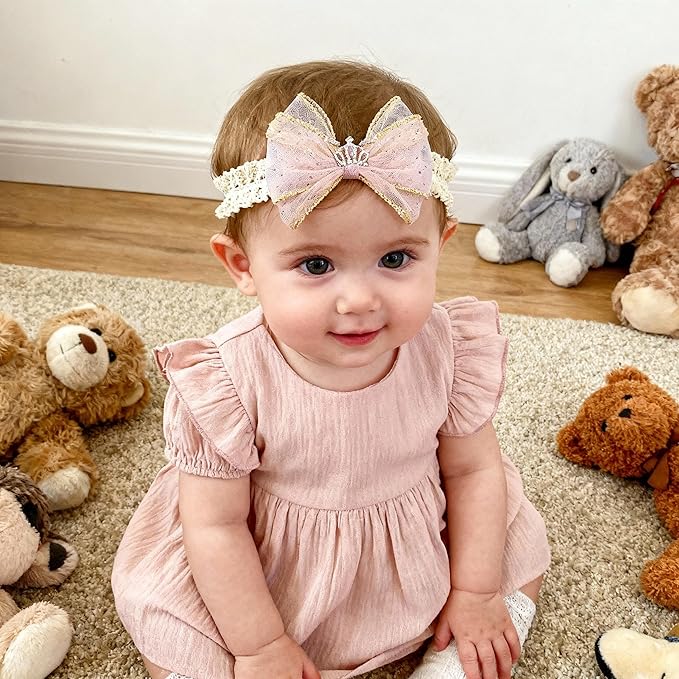 Baby Girls Hairbands Bow Lace Headband Handmade Soft Stretchy Pink Bowknot Hairbands Newborn Hairband with Bows Elastic Hair Bands for Kids Infant (Light Pink Bow)