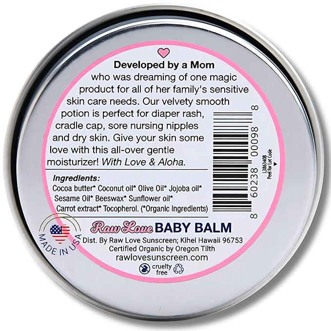 Raw Love USDA Organic Baby Balm for Mom & Baby | Multipurpose Moisturizer with Cocoa Butter, Joboba Oil, Coconut Oil for Dry Skin, Diaper Rash, Nursing Nipples, Eczema | Fragrance Free | 1.5 Oz